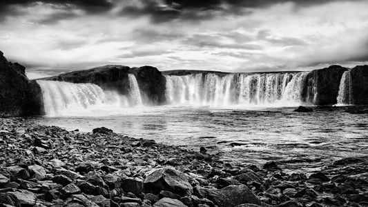 Majestic Panoramic Monochrome View of Goðafoss Waterfall