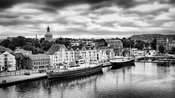 Dramatic Black and White View of Stavanger Harbor Waterfront