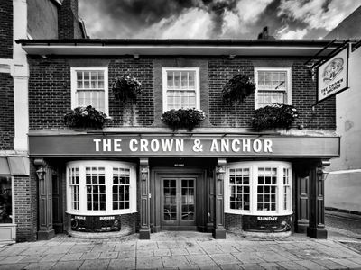 Historic Crown & Anchor Pub Exterior in Monochrome