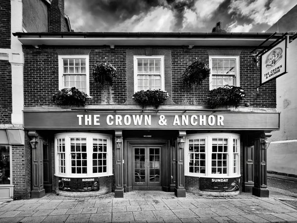 Historic Crown & Anchor Pub Exterior in Monochrome