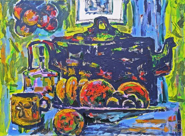 Still life with black teapot
